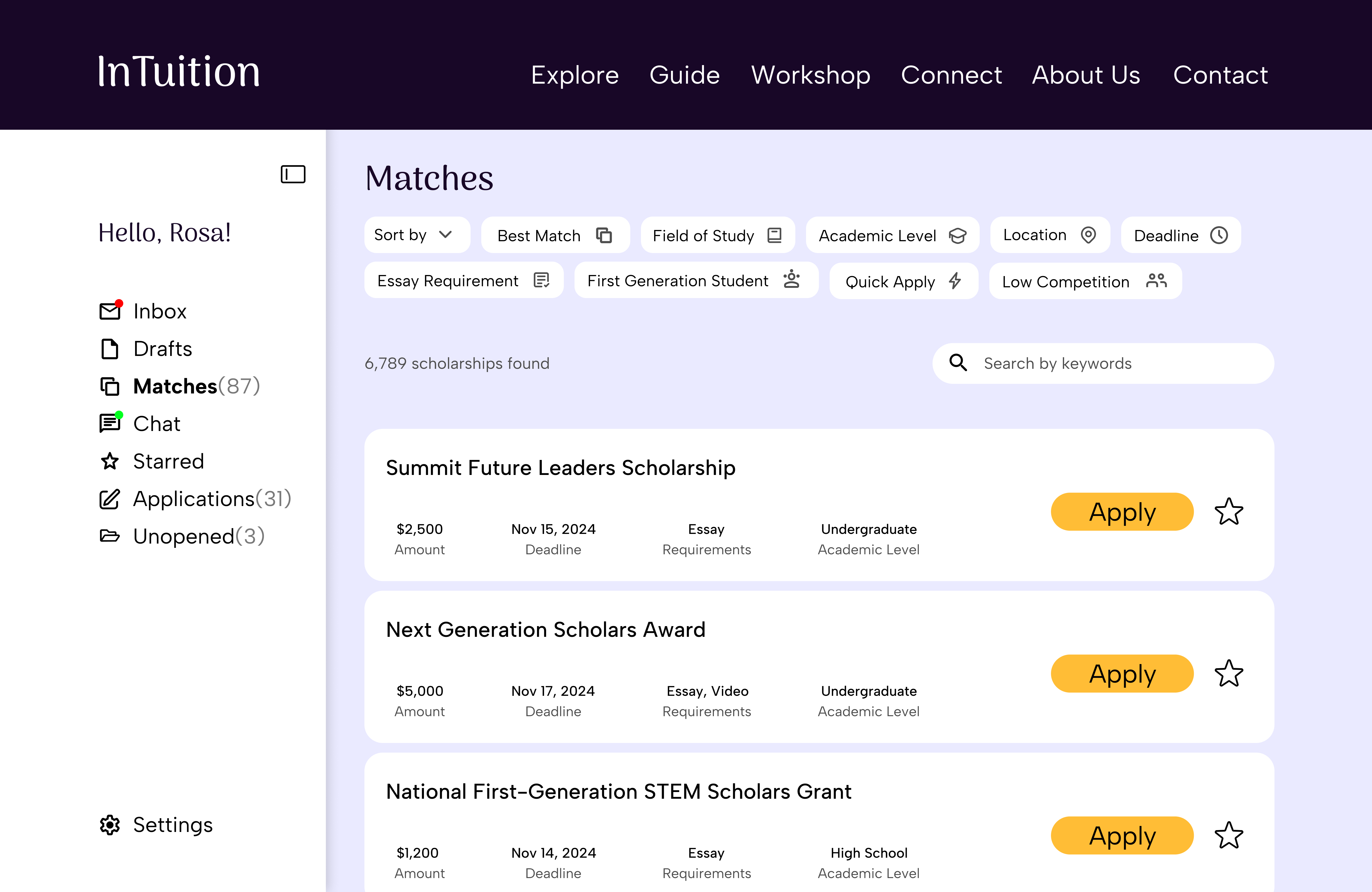 InTuition scholarship discovery and filter view