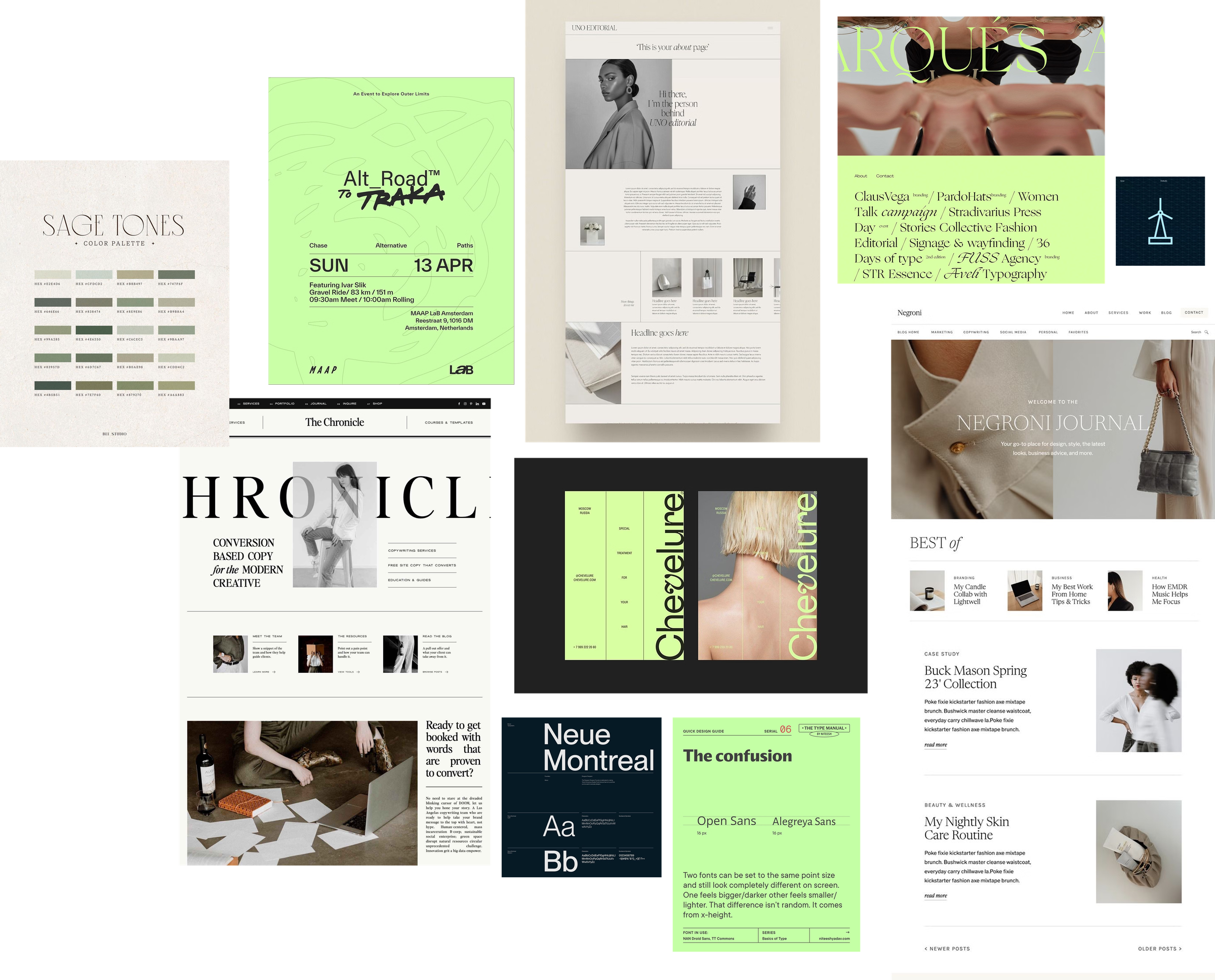 SAGE Editorial moodboard exploring newspaper layouts, sage colors, typography, and editorial references
